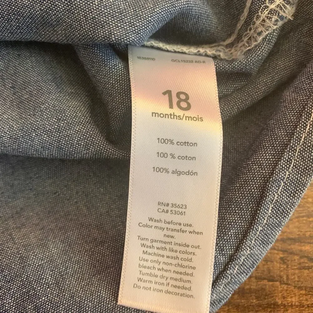 CARTER'S Boy’s Light Weight Denim Long Sleeve Button Down Shirt /Size: 18 MO